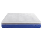 A Nautica mattress shown from a top-down angle on a solid white background. The mattress features a white quilted top surface, a gray transition band, and a textured royal blue side panel with the Nautica brand name printed in white.