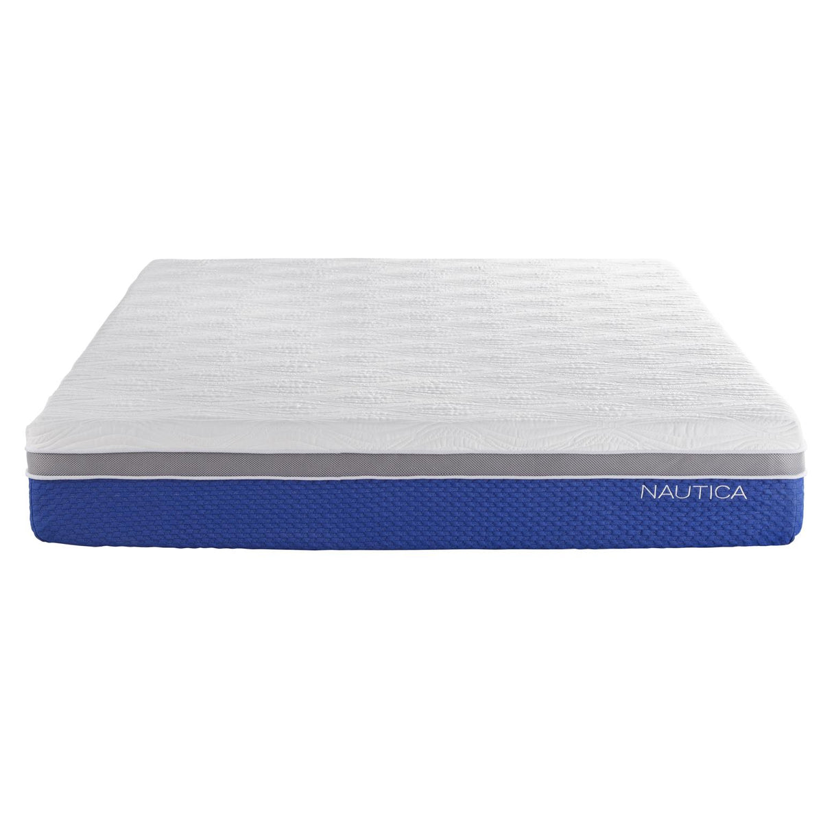 A Nautica mattress shown from a top-down angle on a solid white background. The mattress features a white quilted top surface, a gray transition band, and a textured royal blue side panel with the Nautica brand name printed in white.