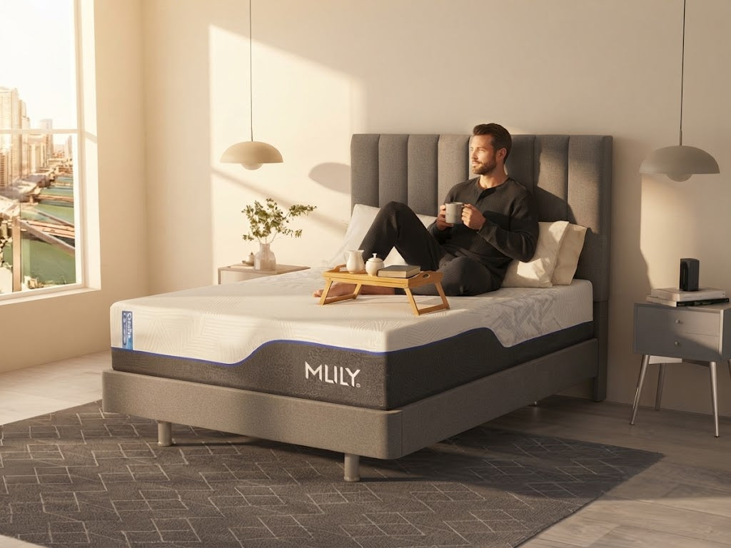 A man sits on a mattress in a modern bedroom setting, holding a mug and a tray. The mattress is branded with 'MILY' and is shown on a gray upholstered bed frame in a well-lit room with a window, side tables, and pendant lights.