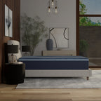 Bed with a blue mattress in a modern bedroom setting