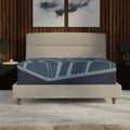 Blue mattress on a beige bed frame in a bedroom setting with abstract art on the wall.