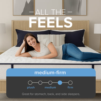Woman lying on a bed with a mattress labeled 'medium-firm' in a bedroom setting.