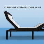 Adjustable bed base on a blue background with text about compatibility with adjustable bases.