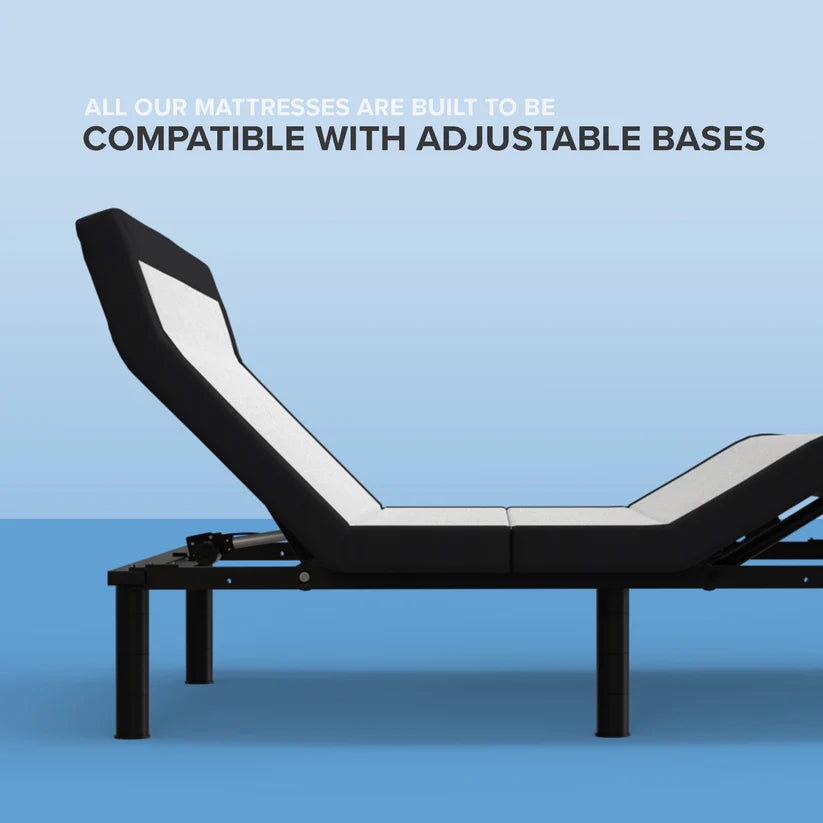 Adjustable bed base on a blue background with text about compatibility with adjustable bases.