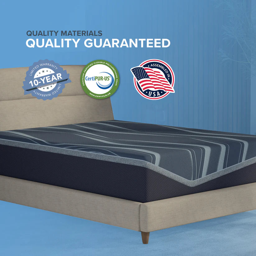 Mattress with quality materials guarantee badges on a blue background