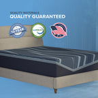 Mattress with quality materials guarantee badges on a blue background