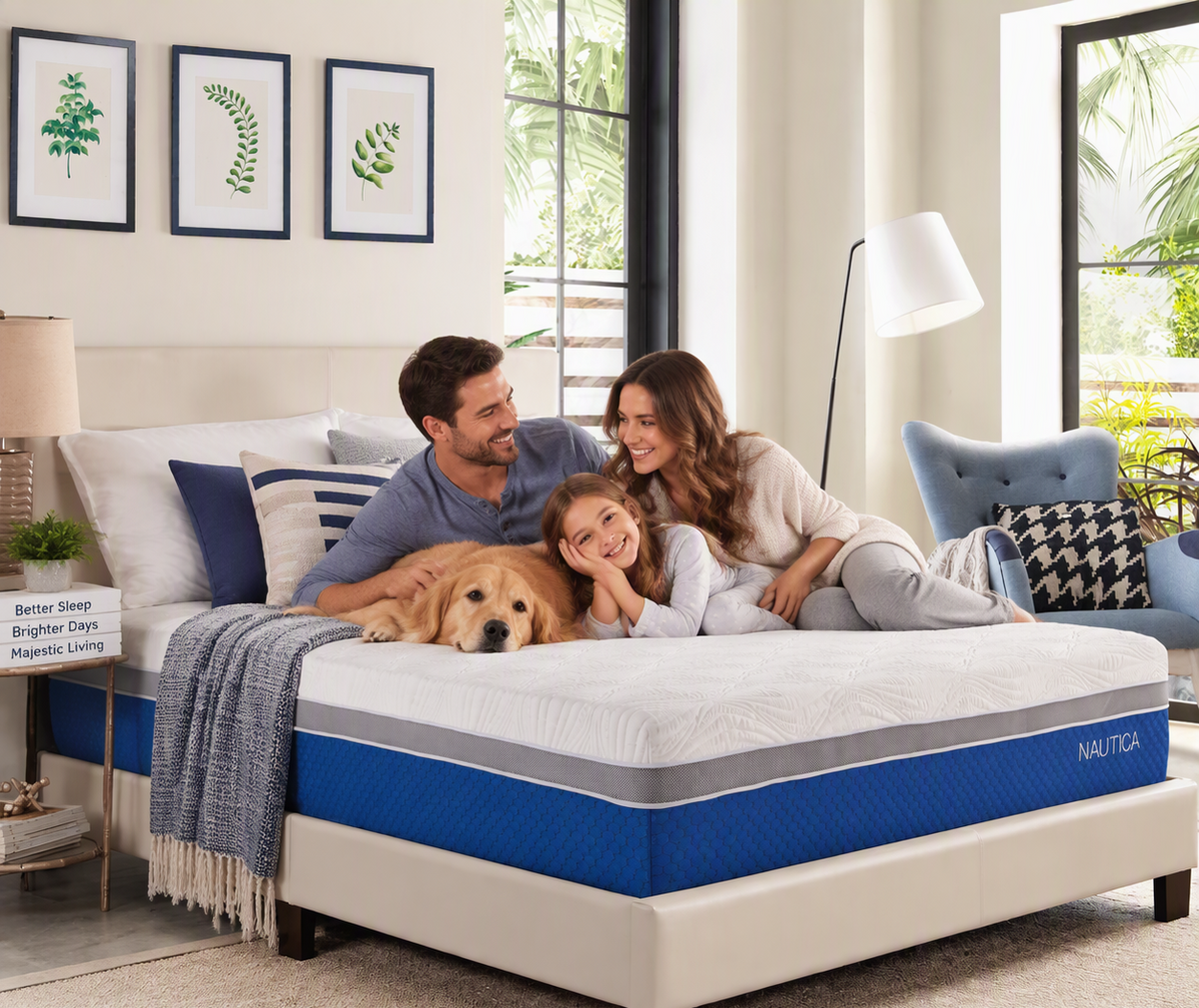 A family of four and a golden retriever dog relax on a Nautica mattress in a bright, modern bedroom. The mattress features a white top section and a blue quilted side panel with the Nautica brand name visible in white text.