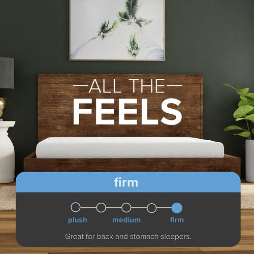 A firm profiled memory foam mattress by Majestic Sleep Systems displayed on a bed frame in a bedroom setting, with the mattress brand and type displayed at the bottom.