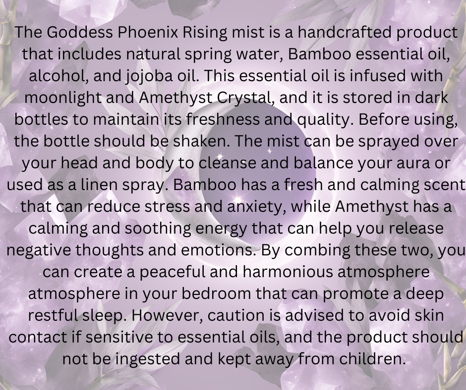 Goddess Phoenix Rising - Moon Water Amethyst Crystal Infused Elixir Bamboo Oil Mist