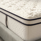 Close-up of a mattress with a textured surface and dark blue border.