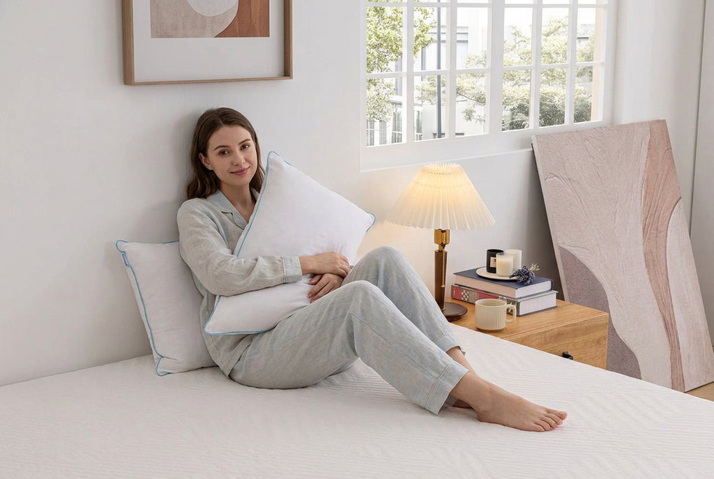 A white pillow with light blue piping trim resting on a white textured bedspread in a bright bedroom setting.