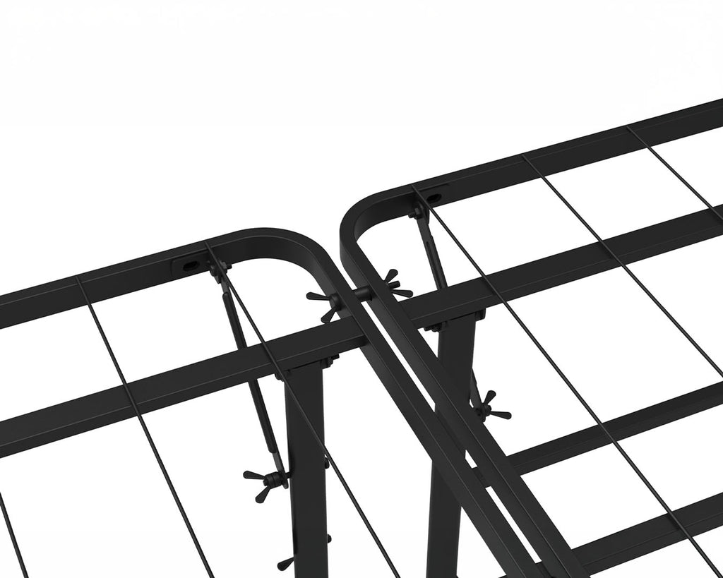 Close-up of a black metal fence or railing system with wire panels and tensioning hardware on a plain white background.
