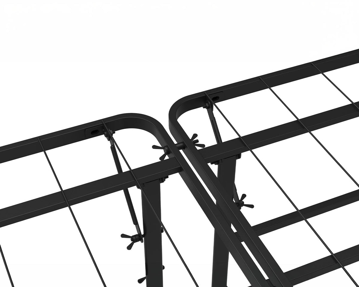 Close-up of a black metal fence or railing system with wire panels and tensioning hardware on a plain white background.