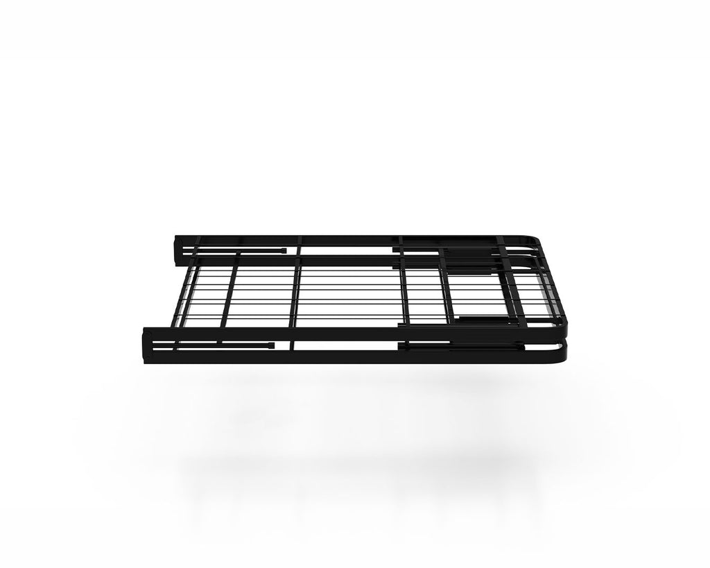 A black metal bed fram with a wire grid pattern and integrated side racks, shown floating on a white background with a soft reflection underneath.