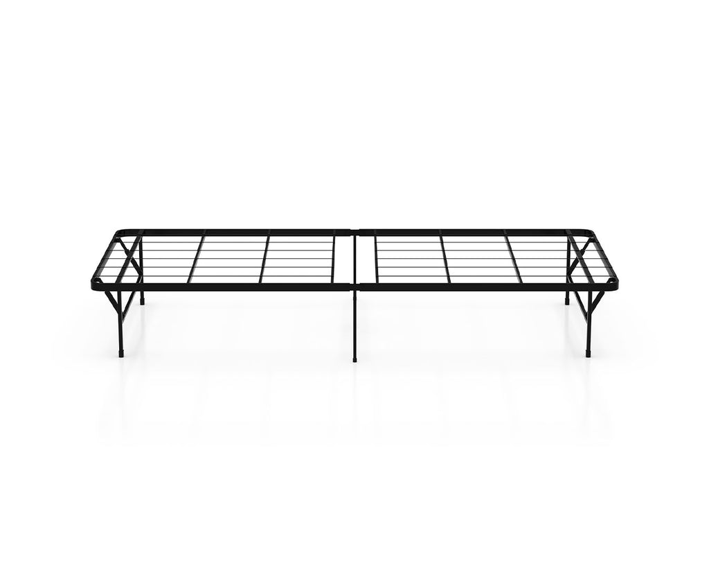 A black metal folding camp bed frame shown from the side on a clean white background.