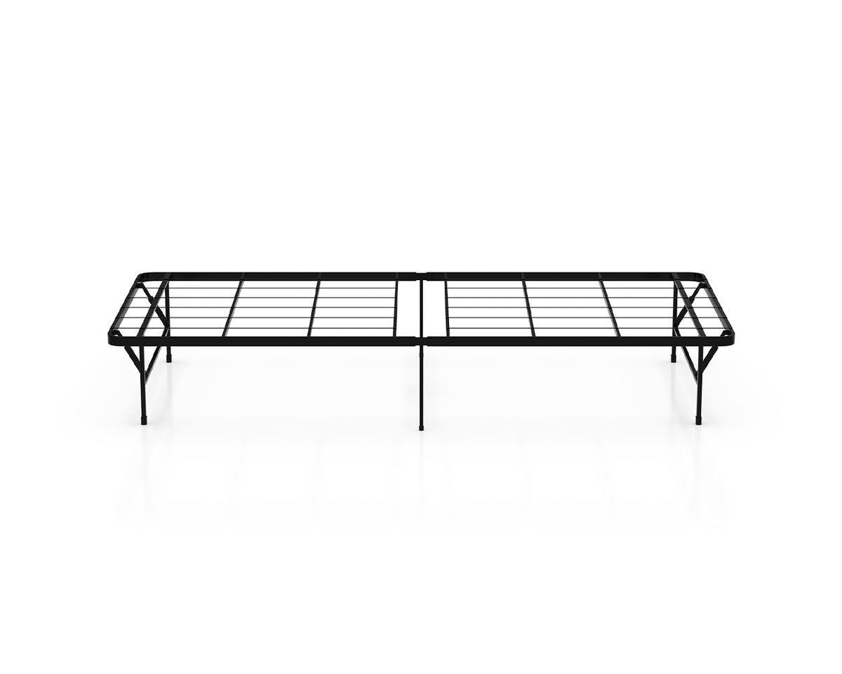 A black metal folding camp bed frame shown from the side on a clean white background.