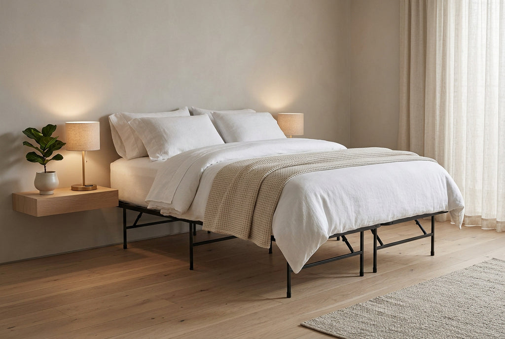 A black metal folding camp bed frame shown from the side on a clean white background.
