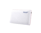 A white textured pillow with a blue 'MLILY' logo on the top right, featuring a thin red piping edge, shown on a plain white background.