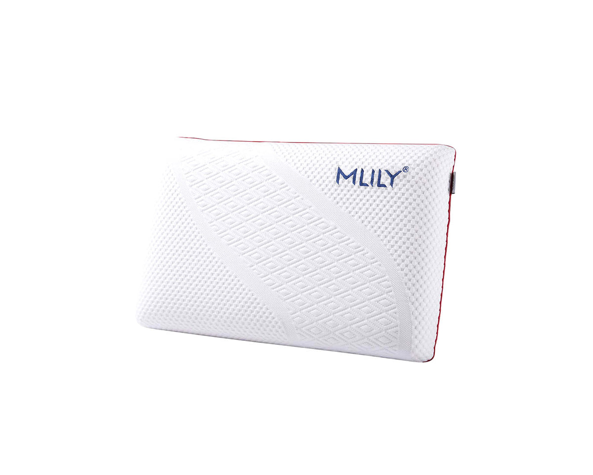 A white textured pillow with a blue 'MLILY' logo on the top right, featuring a thin red piping edge, shown on a plain white background.