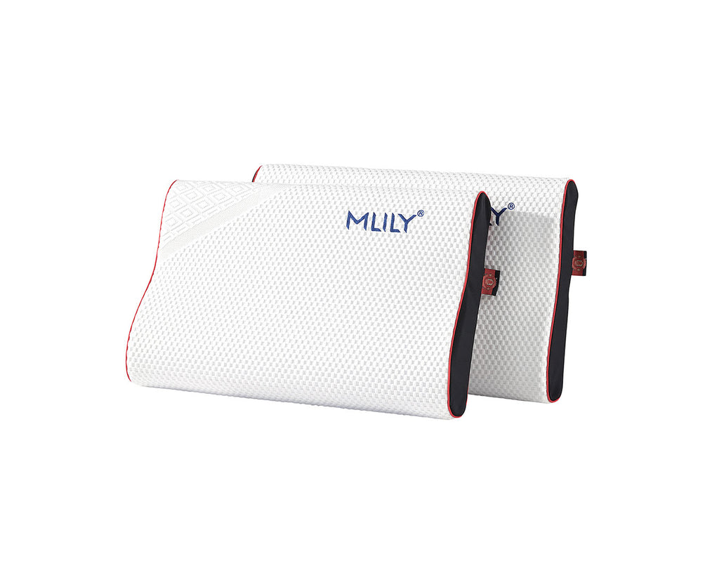 Two white contoured pillows with red piping and black side supports, featuring the blue 'MLILY' logo, shown on a plain white background.
