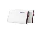 Two white contoured pillows with red piping and black side supports, featuring the blue 'MLILY' logo, shown on a plain white background.