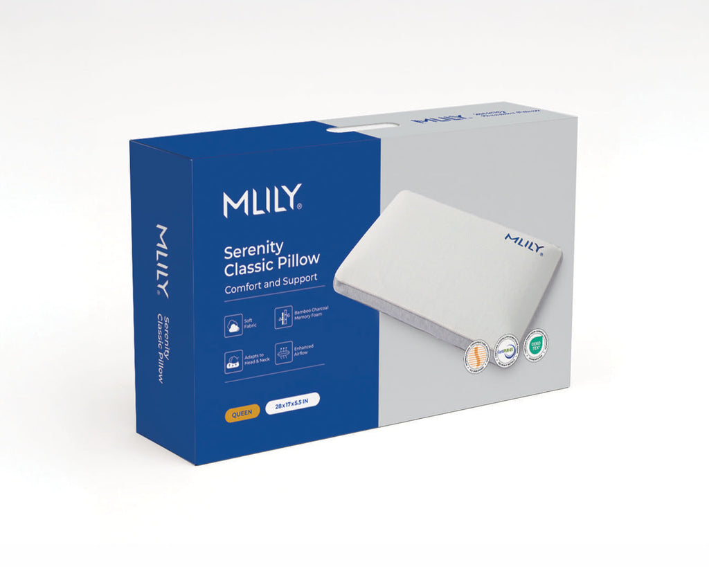 MLILY Serenity Classic Pillow product packaging box, featuring a blue and white design with an illustration of the white pillow on the front, set against a clean white background.