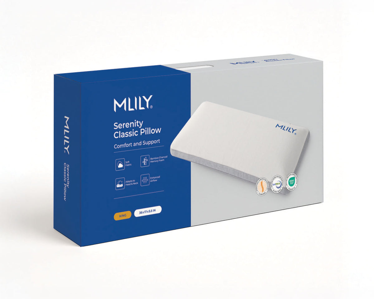 MILLY Serenity Classic Pillow packaging box, featuring a blue and white design with an illustration of the white pillow on the front.