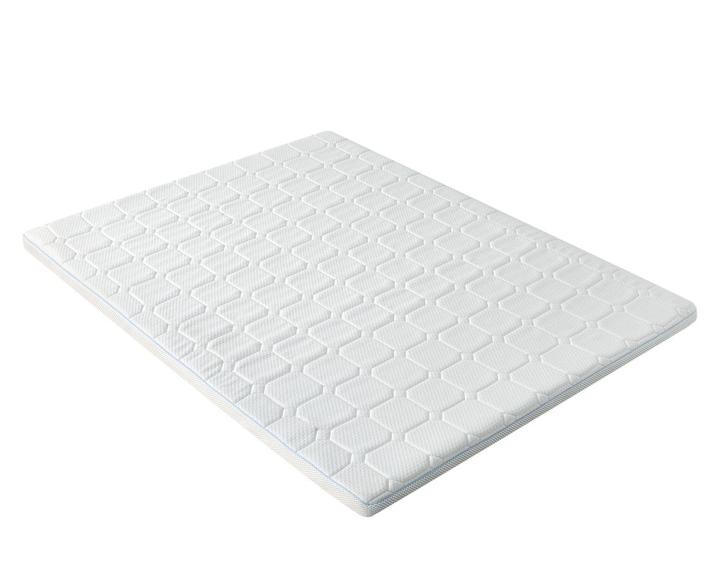 A white mattress topper or thin mattress pad with a quilted geometric pattern, shown at an angle on a solid white background.