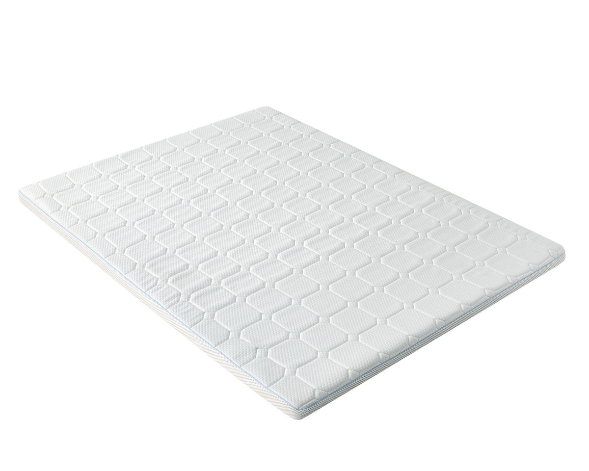 A white mattress topper or thin mattress pad with a quilted geometric pattern, shown at an angle on a solid white background.