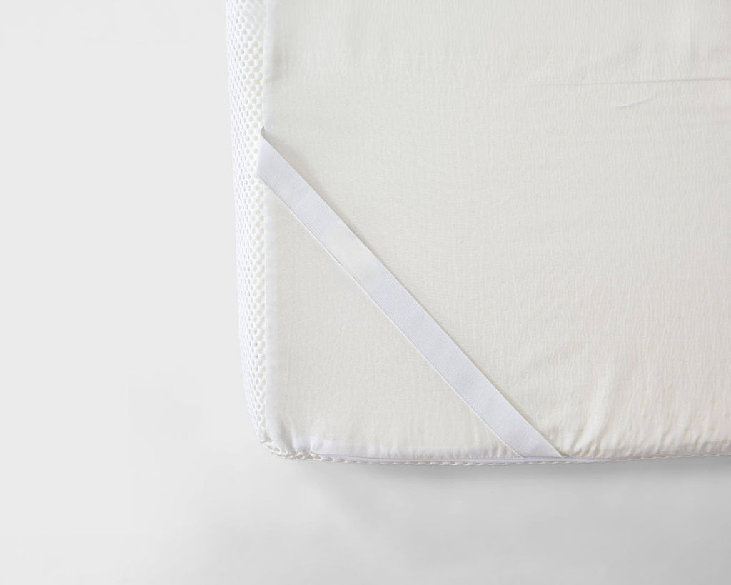 Close-up of a white fitted sheet corner with a white elastic band on a plain white background.