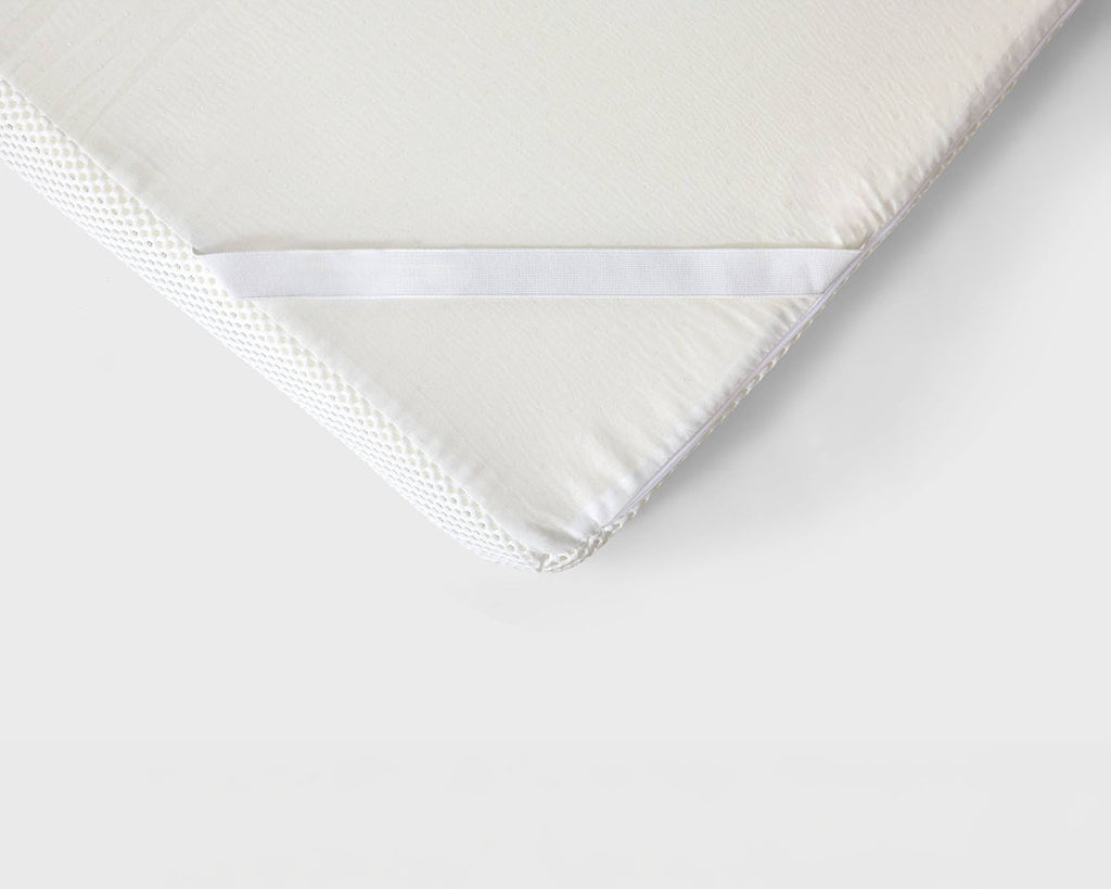 Close-up of a white mattress topper or mattress corner showing a textured white cover, a white mesh side panel, and a white elastic band on a plain white background.