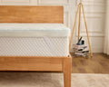 A close-up of a white quilted mattress topper or mattress on a light natural wood bed frame, set in a bright bedroom with a wooden floor, white paneled wall, and a tripod floor lamp.