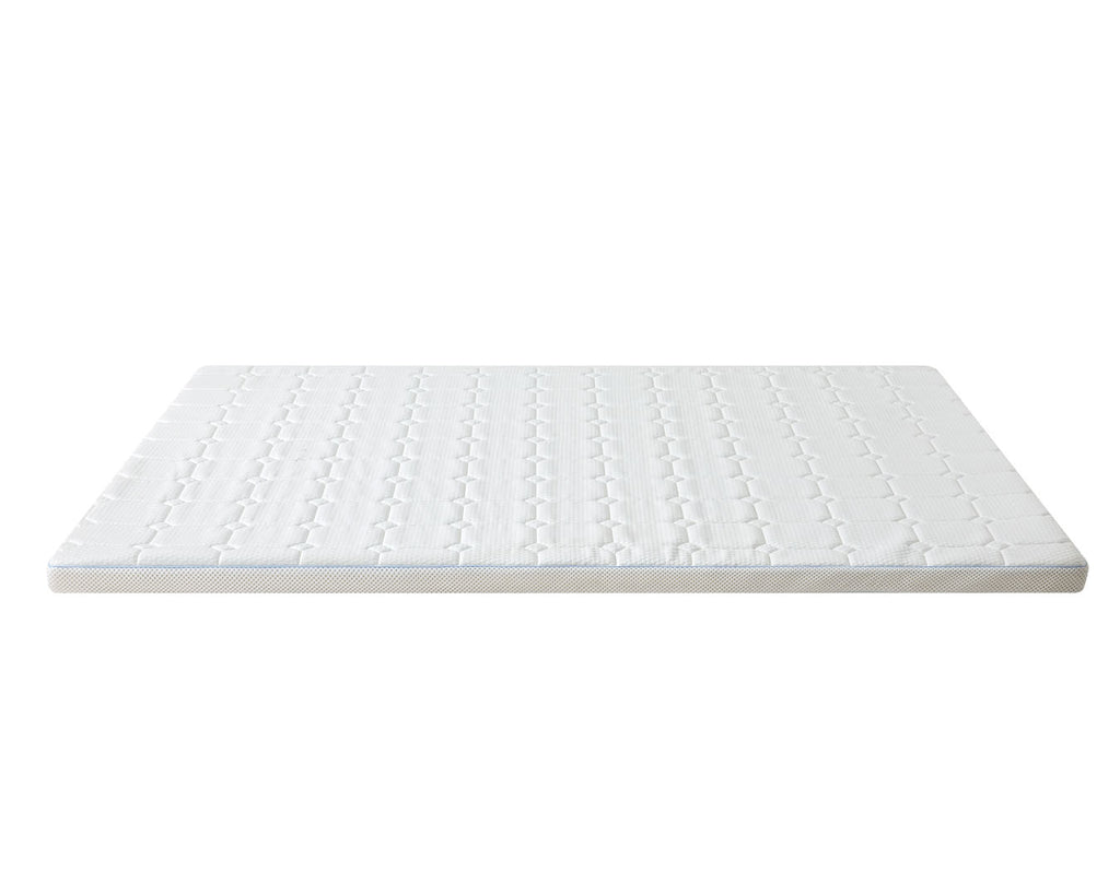 A white quilted mattress topper or mattress pad with a textured honeycomb pattern, shown from a high angle on a solid white background.