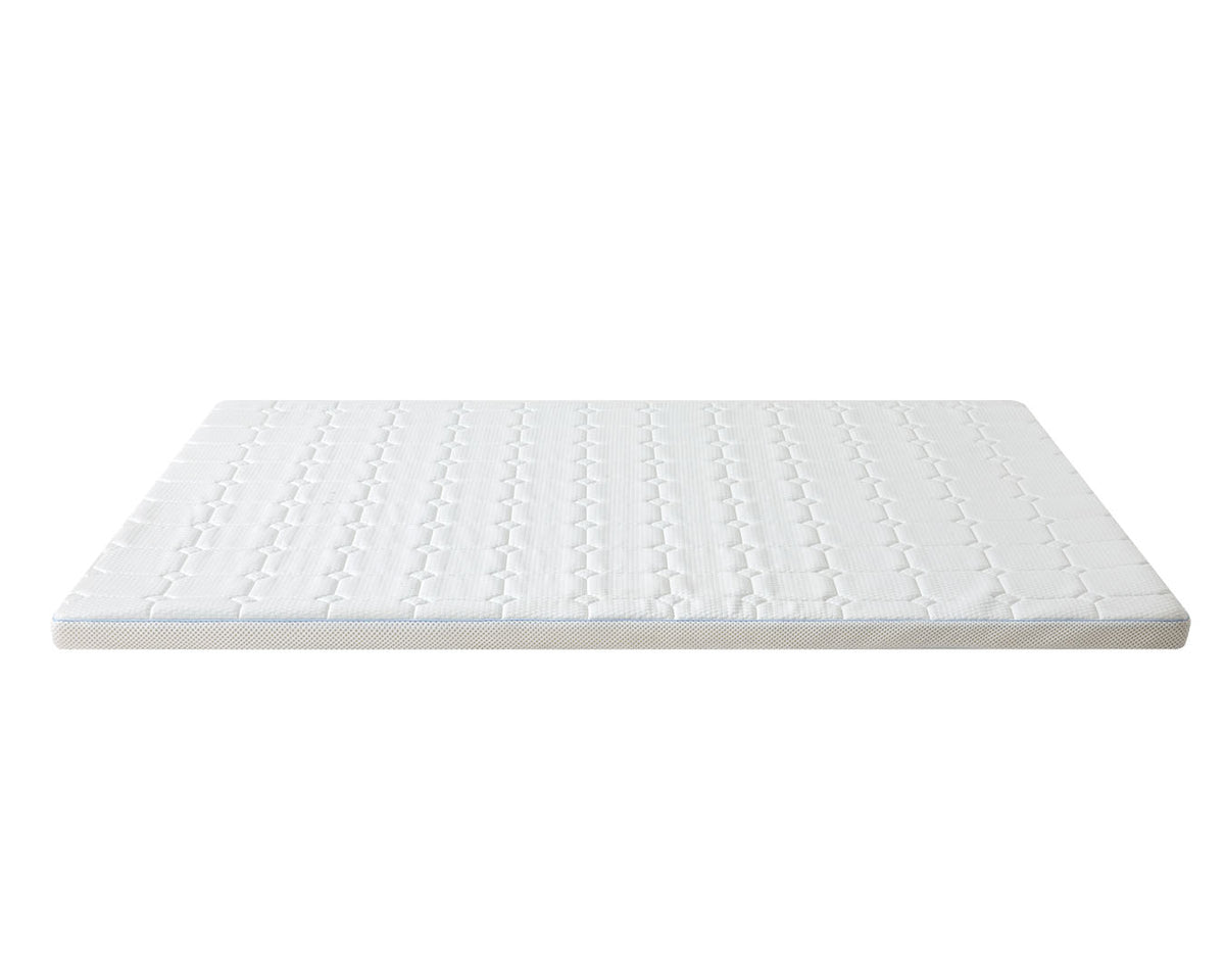 A white quilted mattress topper or mattress pad with a textured honeycomb pattern, shown from a high angle on a solid white background.
