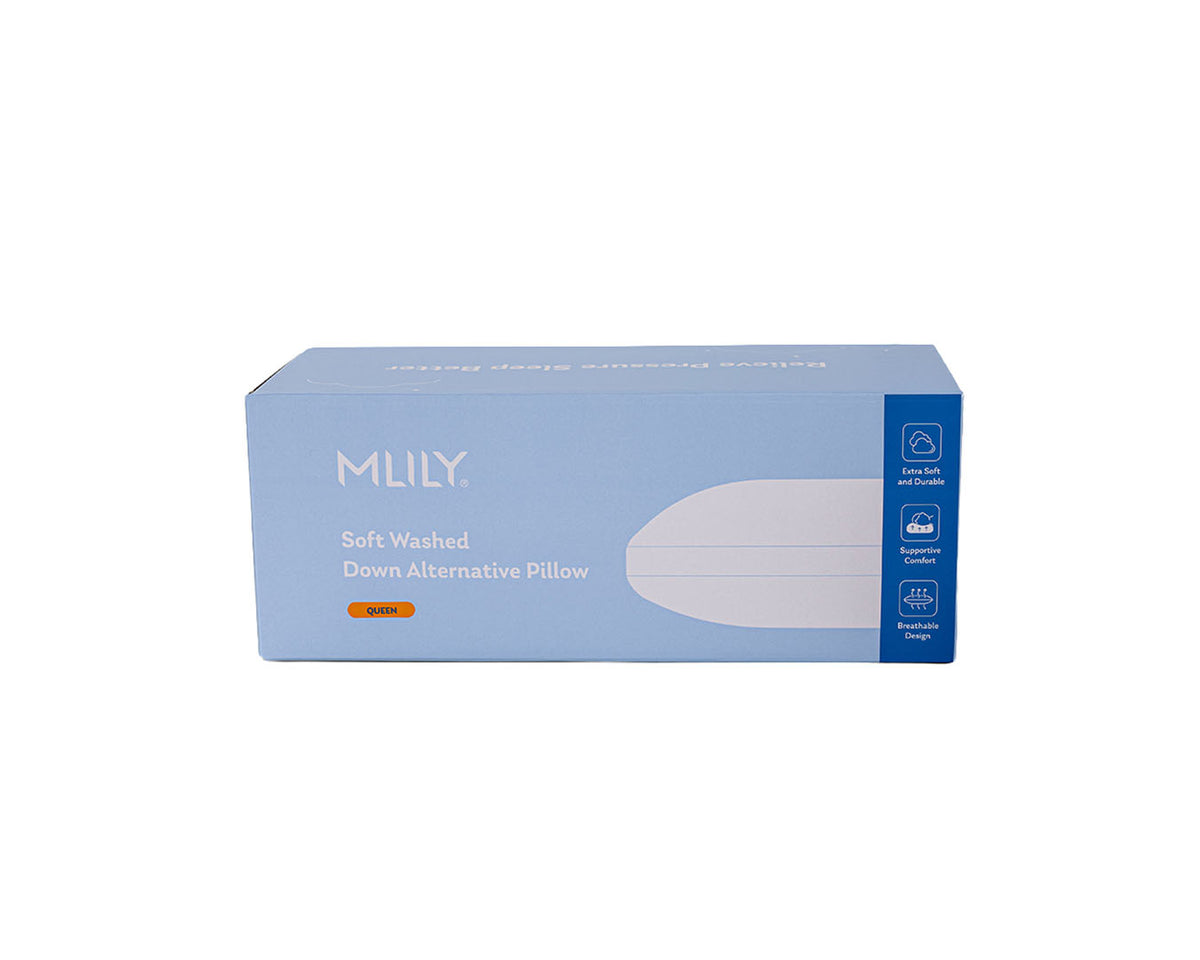 MLILY Soft Washed Down Alternative Pillow box in light blue and dark blue packaging, shown on a plain white background.
