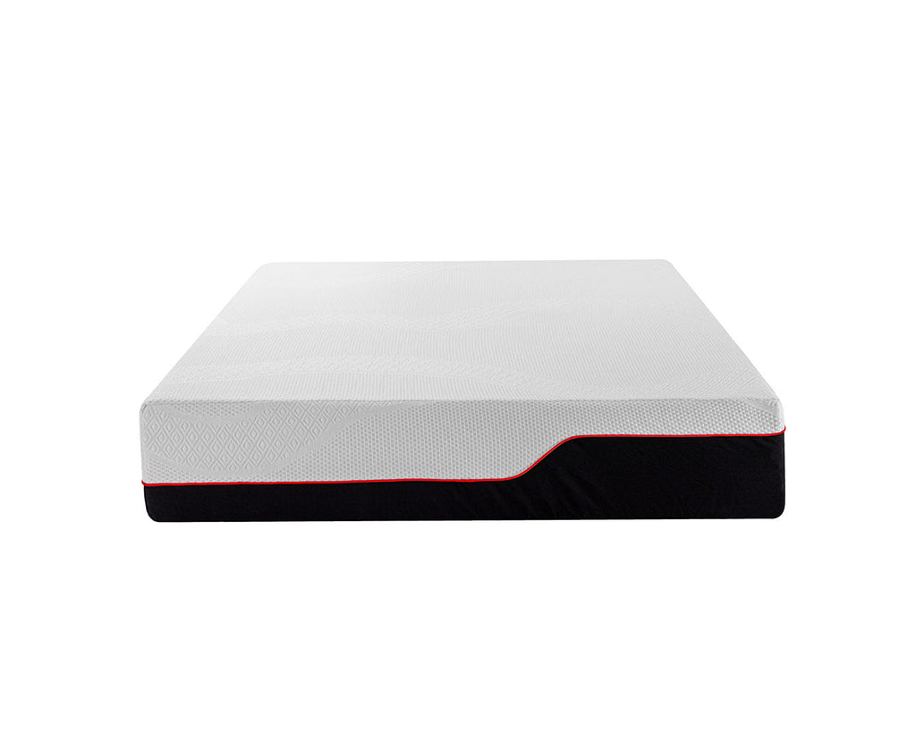 A mattress shown from a top-down angle on a solid white background. The mattress features a textured white top surface and a black base with a thin red accent line.