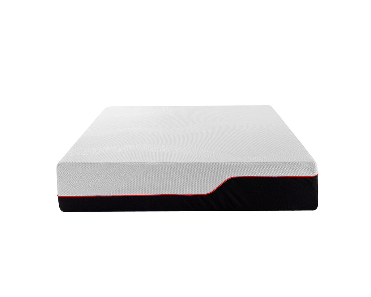 A mattress shown from a top-down angle on a solid white background. The mattress features a textured white top surface and a black base with a thin red accent line.
