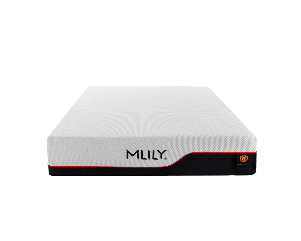 MLILY mattress shown from the side on a plain white background, featuring a white textured top, a black base, and a thin red accent line.