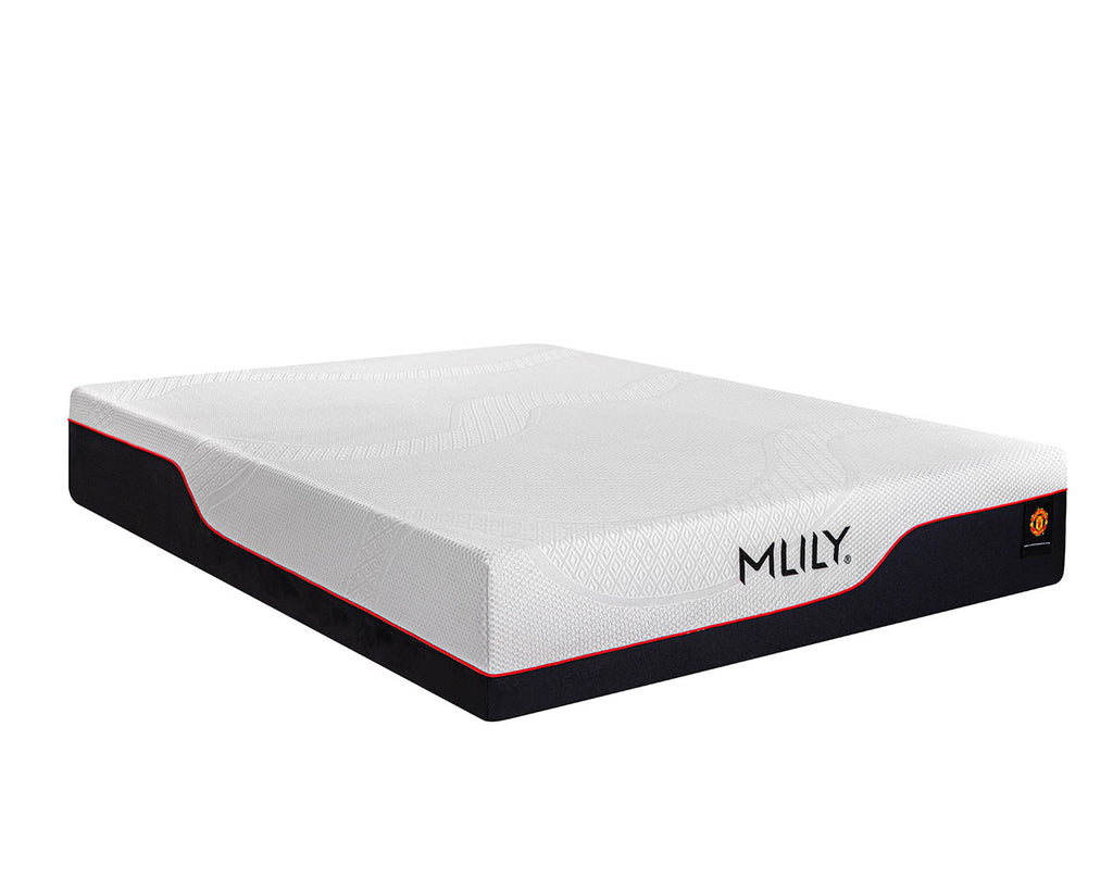 A mattress shown at an angle on a plain white background, featuring a white textured top, a black side frame, and a thin red accent line. The brand name 'MLILY' is printed on the side.