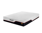 A mattress shown at an angle on a plain white background, featuring a white top surface, a black base, and thin red trim lines. The brand name 'MILY' is printed on the side.