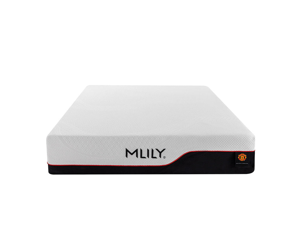 MLILY mattress shown from a side angle on a solid white background, featuring a white textured top, a black base, and a thin red accent line.