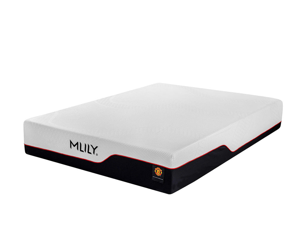 A mattress shown at an angle on a plain white background, featuring a white top surface, a black base, and thin red trim lines. The brand name 'MILY' is printed on the side.