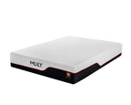 A mattress shown at an angle on a plain white background, featuring a white top surface, a black base, and thin red trim lines. The brand name 'MILY' is printed on the side.