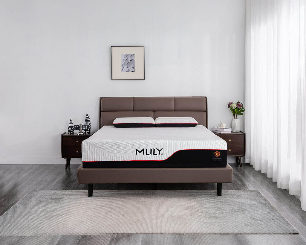 A modern bed frame with a brown upholstered headboard and footboard, styled in a minimalist bedroom setting. The mattress is covered with a white mattress topper featuring the brand name 'MILY.