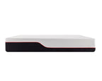 A mattress shown from the side on a plain white background, featuring a textured white top surface, a black lower section, and a thin red accent line separating them.