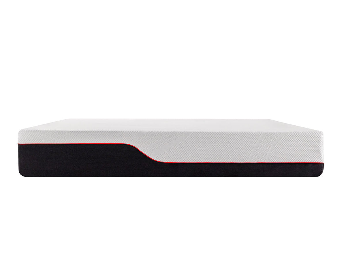 A mattress shown from the side on a plain white background, featuring a textured white top surface, a black lower section, and a thin red accent line separating them.