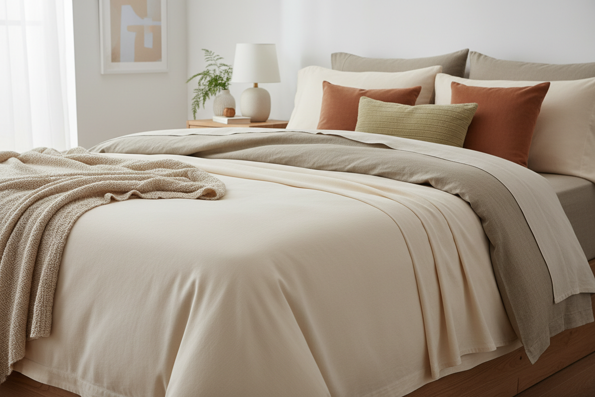 sheet set in a bed rooms just sheets and throw pillows on a bed