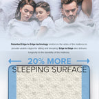 Family lying in bed with text about mattress technology and sleeping surface area.